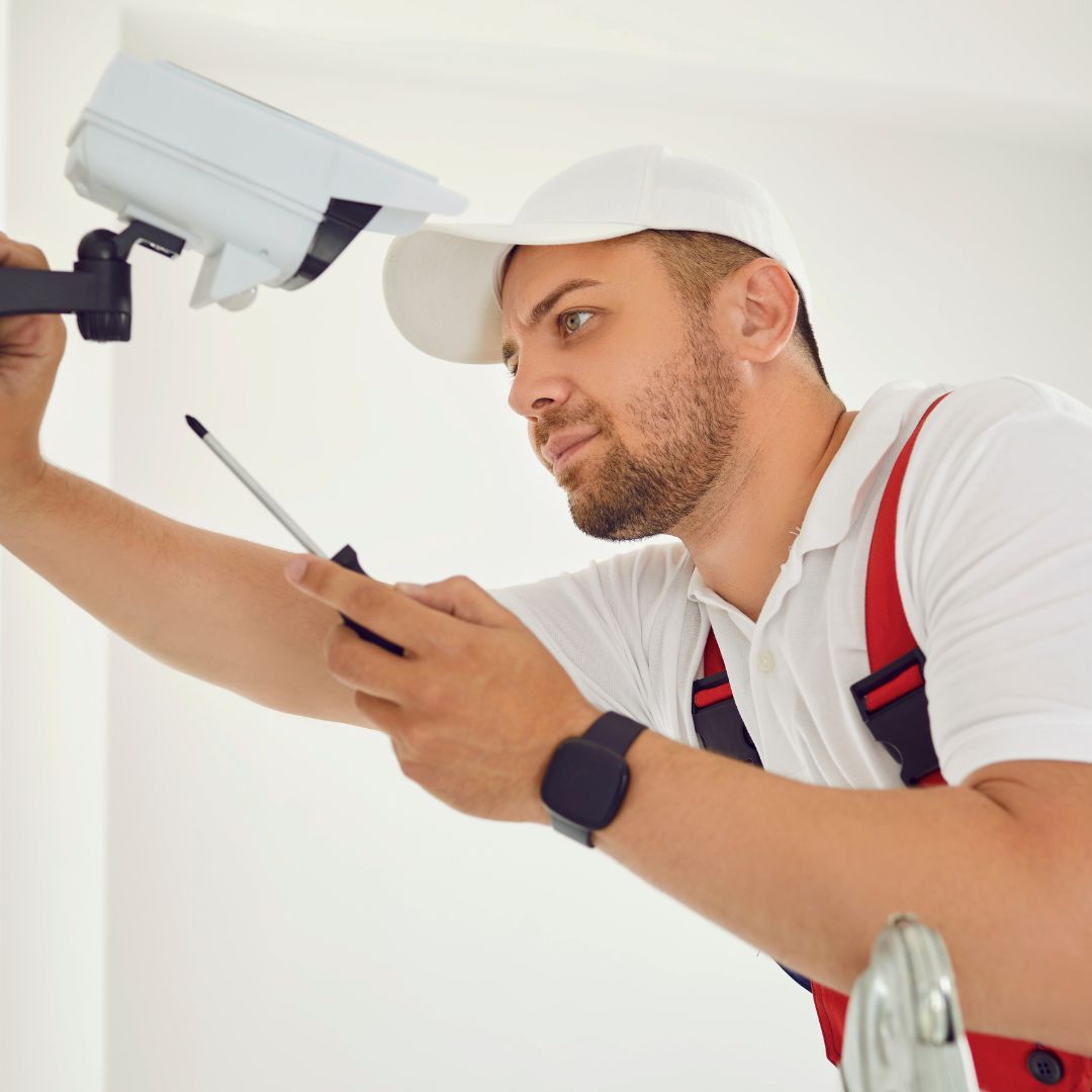 a person working on a security camera