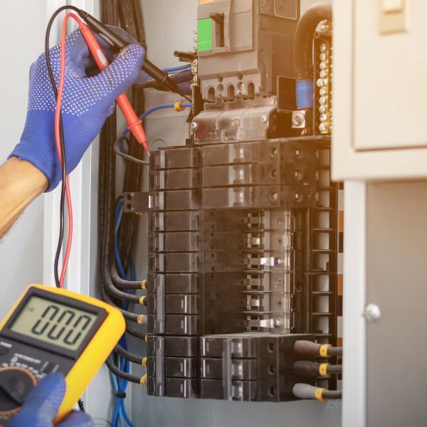 Electrician checking voltage levels on electrical box