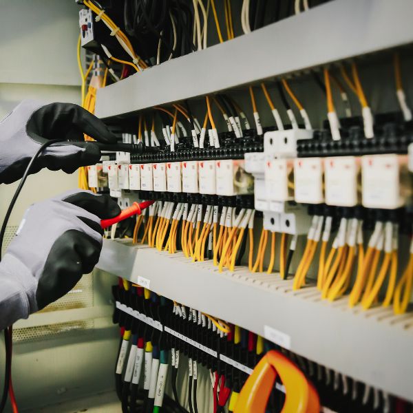 Electrician organizing cables in an electrical box 