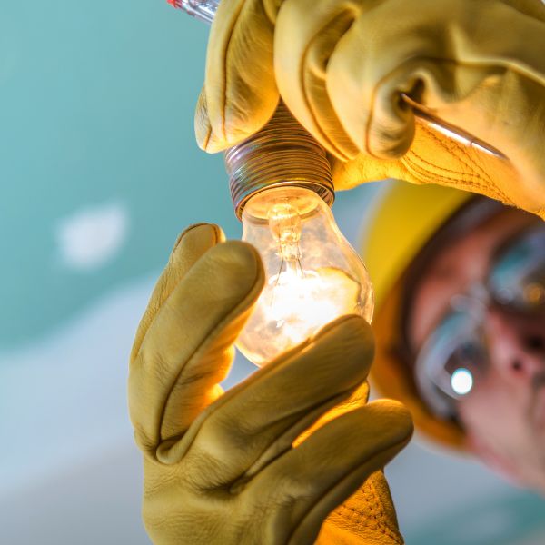 Electrician screwing a light bulb